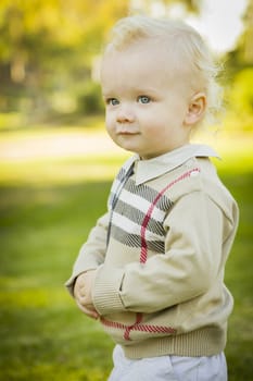 Adorable Little Blonde Baby Boy Outdoors at the Park.
