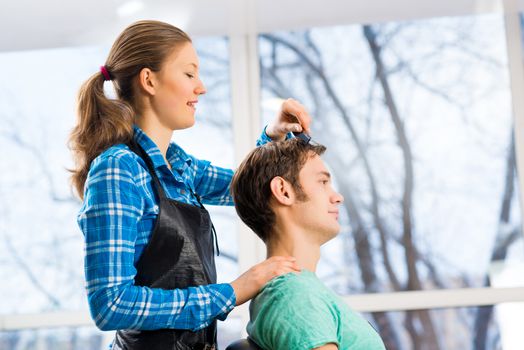 young attractive woman hairdresser hairstyle customer picks