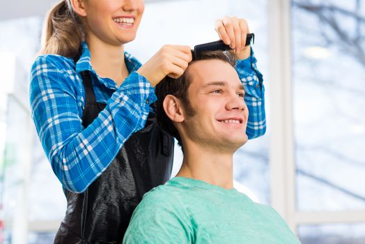 young attractive woman hairdresser hairstyle customer picks