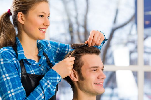 young attractive woman hairdresser hairstyle customer picks