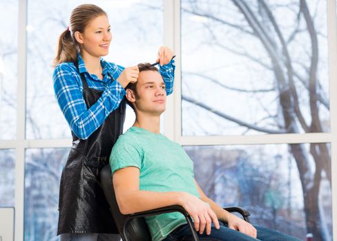 young attractive woman hairdresser hairstyle customer picks