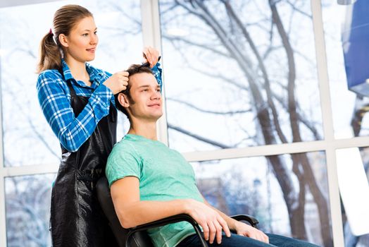 young attractive woman hairdresser hairstyle customer picks