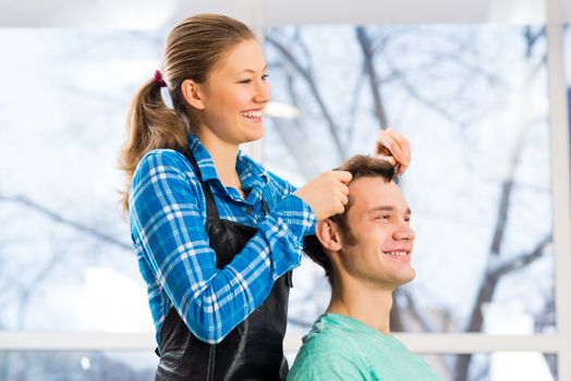 young attractive woman hairdresser hairstyle customer picks