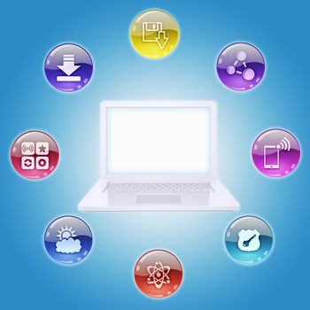 Laptop and program icons. The concept of computer software