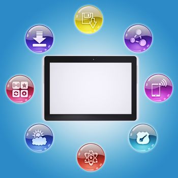 Tablet PC and program icons. The concept of computer software