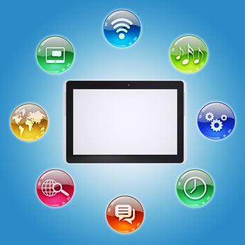 Tablet PC and program icons. The concept of computer software