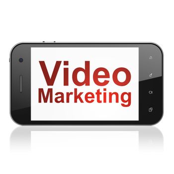 Finance concept: smartphone with text Video Marketing on display. Mobile smart phone on White background, cell phone 3d render