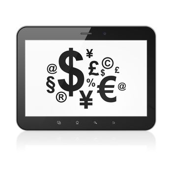 News concept: black tablet pc computer with Finance Symbol icon on display. Modern portable touch pad on White background, 3d render