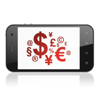 News concept: smartphone with Finance Symbol icon on display. Mobile smart phone on White background, cell phone 3d render