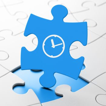 Time concept: Clock on Blue puzzle pieces background, 3d render