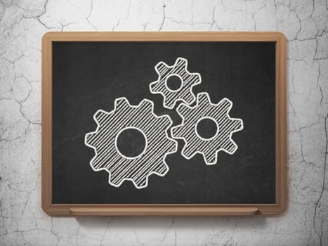 Data concept: Gears icon on Black chalkboard on grunge wall background, 3d render