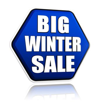 big winter sale in 3d blue hexagon banner with white text, business seasonal concept