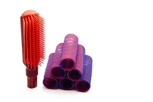 Red Hair Curler with Red Plastic Hairbrush