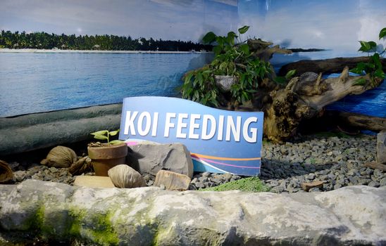 Koi feeding sign in a public water park