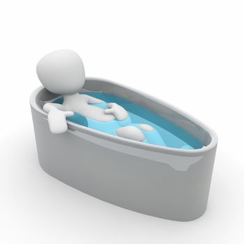 A 3d character use a bathtub