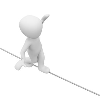 A 3D character fluctuates on a rope.