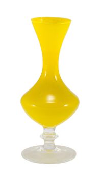 vintage glass yellow curvy vase isolated on white. old decorative object.