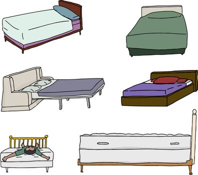 Isolated cartoons of beds over white background