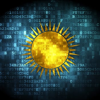 Travel concept: pixelated Sun icon on digital background, 3d render