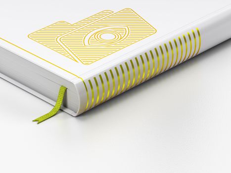 Business concept: closed book with Gold Folder With Eye icon on floor, white background, 3d render