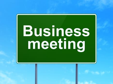 Finance concept: Business Meeting on green road (highway) sign, clear blue sky background, 3d render