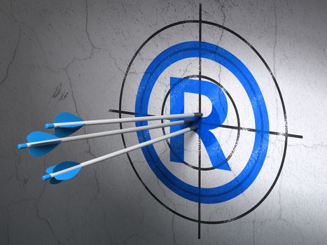 Success law concept: arrows hitting the center of Blue Registered target on wall background, 3d render