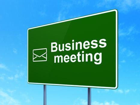 Finance concept: Business Meeting and Email icon on green road (highway) sign, clear blue sky background, 3d render