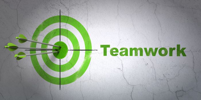 Success business concept: arrows hitting the center of target, Green Teamwork on wall background, 3d render