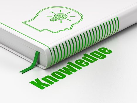 Education concept: closed book with Green Head With Lightbulb icon and text Knowledge on floor, white background, 3d render