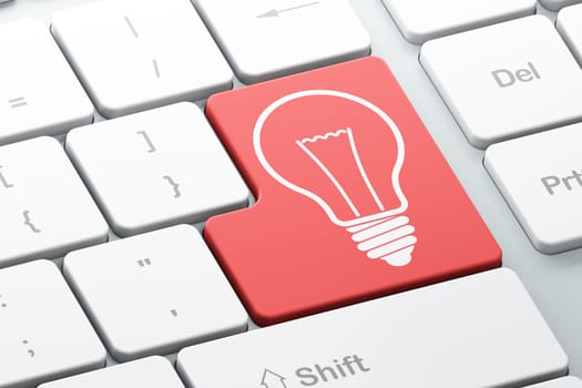 Business concept: Enter button with Light Bulb on computer keyboard background, 3d render