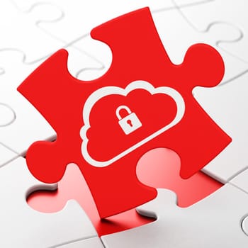 Cloud computing concept: Cloud With Padlock on Red puzzle pieces background, 3d render