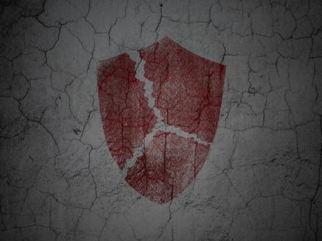 Privacy concept: Red Broken Shield on grunge textured concrete wall background, 3d render