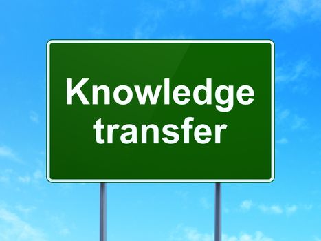 Education concept: Knowledge Transfer on green road (highway) sign, clear blue sky background, 3d render
