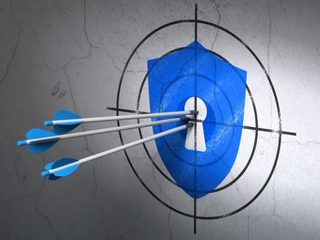 Success safety concept: arrows hitting the center of Blue Shield With Keyhole target on wall background, 3d render