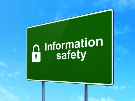 Safety concept: Information Safety and Closed Padlock icon on green road (highway) sign, clear blue sky background, 3d render