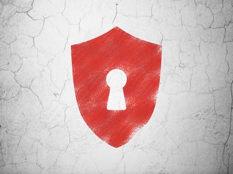 Security concept: Red Shield With Keyhole on textured concrete wall background, 3d render