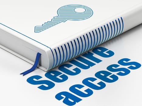 Protection concept: closed book with Blue Key icon and text Secure Access on floor, white background, 3d render