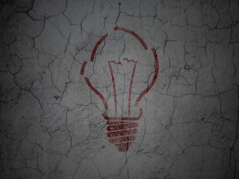 Business concept: Red Light Bulb on grunge textured concrete wall background, 3d render