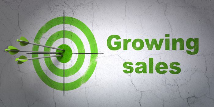 Success finance concept: arrows hitting the center of target, Green Growing Sales on wall background, 3d render