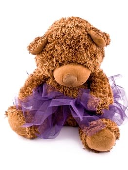 Big teddy-bear in purple tutu skirt on white background
