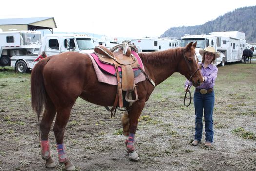 MERRITT; B.C. CANADA - MAY 15: Unidentified cowgirl allowing her horse to rest inbetween rounds at Nicola Valley Rodeo on May 15; 2011 in Merritt; British Columbia; Canada