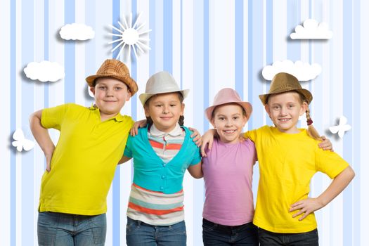 children in a row, wearing a hat. isolated on white background