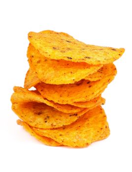 Stack of Homemade Potato Chips isolated on white background