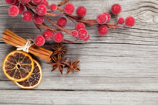 Christmas decoration on wood background, with free space for your text