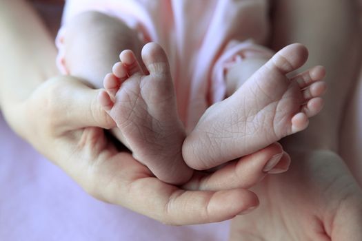 Parent hand hold baby girl legs