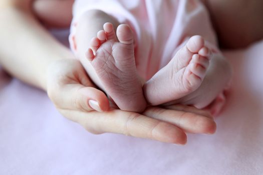 Parent hand hold baby girl legs