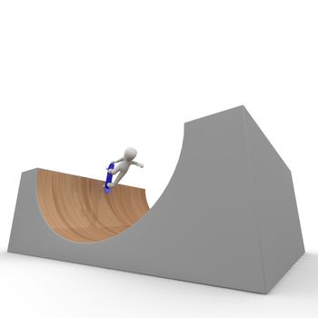A 3d character makes tricks on a halfpipe.