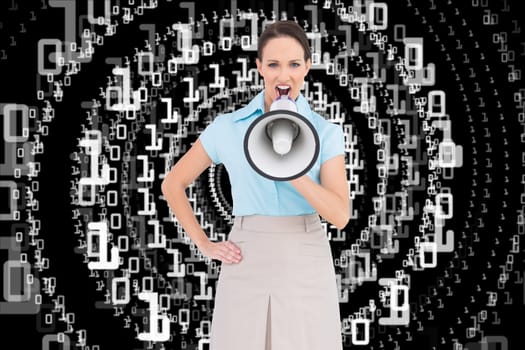 Composite image of furious classy businesswoman talking in megaphone while posing