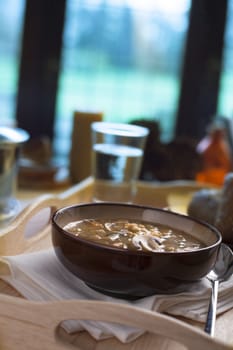 Bowl of homemade mushroom and barley soup.