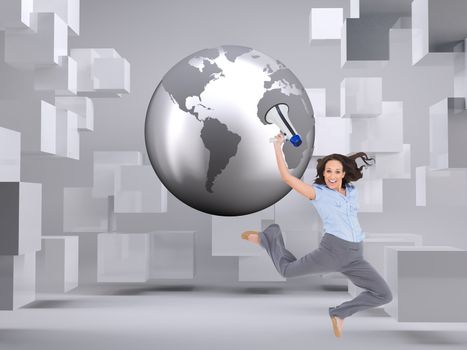 Composite image of cheerful classy businesswoman jumping while holding megaphone